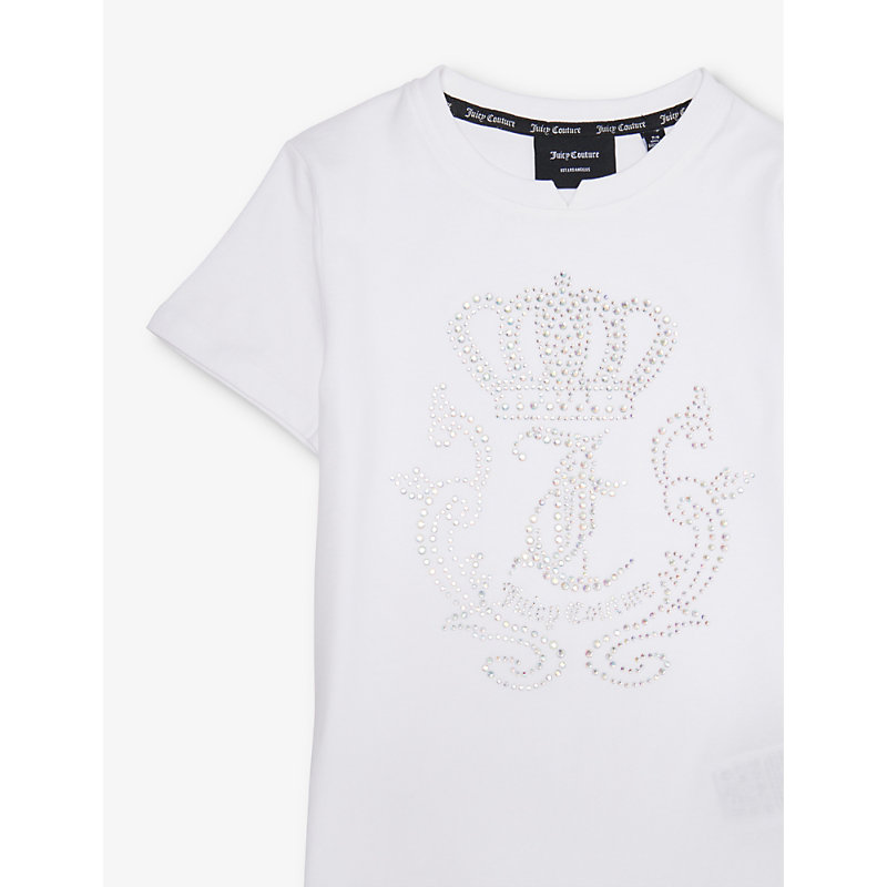 Shop Juicy Couture Girls Bright White Kids Diamante Crown Short-sleeve Cotton-blend T-shirt 7-16 Years