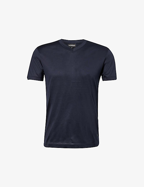 EMPORIO ARMANI: Rubberised-logo V-neck woven T-shirt