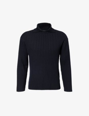 Emporio Armani Mens Blu Navy Costa Spread-collar Relaxed-fit Wool Jumper