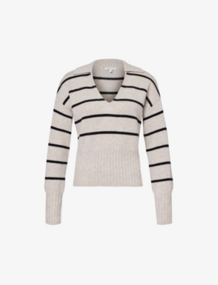 Shop Reformation Beckie Striped-pattern Recycled-cashmere Blend Jumper In Barley With Black Stripe