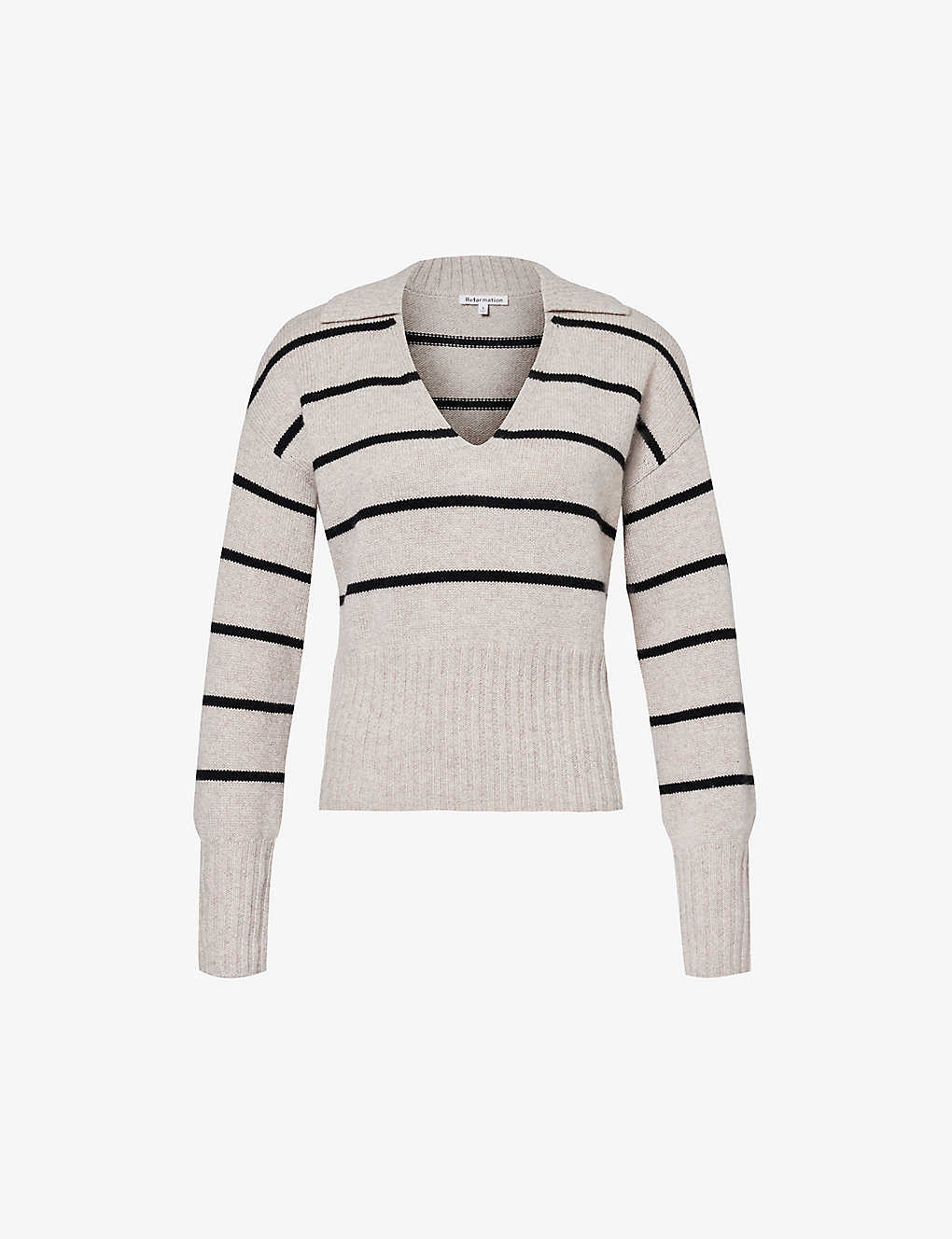 Shop Reformation Beckie Striped-pattern Recycled-cashmere Blend Jumper In Barley With Black Stripe