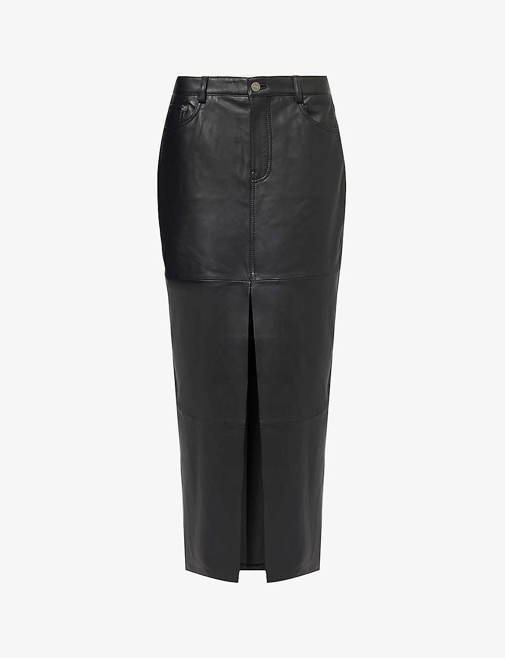 Reformation Womens Black Veda Split-hem Leather Midi Skirt
