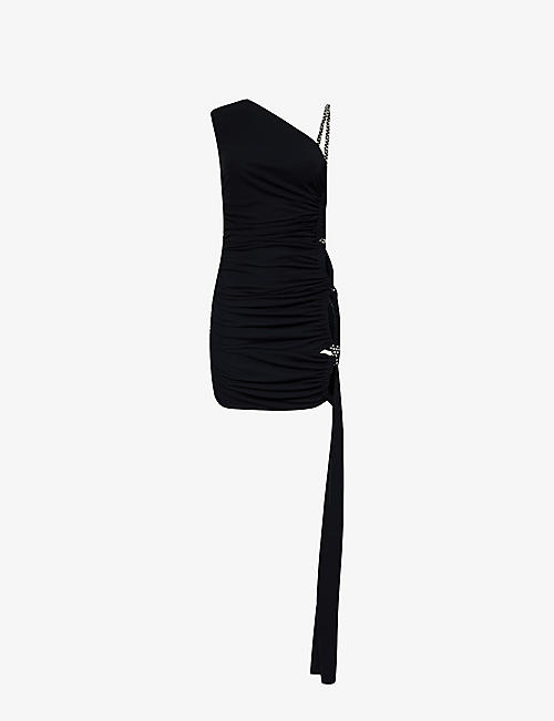 DION LEE: Asymmetric-neck bead-embellished woven mini dress
