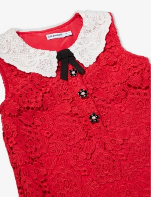 Shop Self-portrait Self Portrait Girls Red Kids Floral-embroidery Collared Woven Dress 3-12 Years