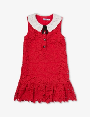 Self-portrait Self Portrait Girls Red Kids Floral-embroidery Collared Woven Dress 3-12 Years