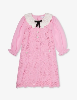 Shop Self-portrait Self Portrait Girls Pink Kids Lace-collar Floral-embroidered Woven Dress 3-12 Years