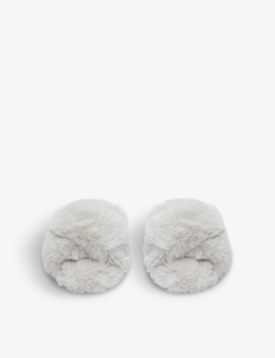 The White Company Womens Pale Grey Crossover-strap Faux-fur Slippers In Pale Grey