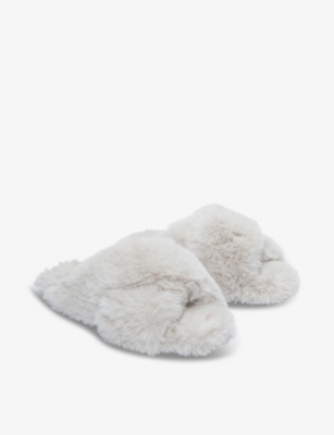 The White Company Womens Pale Grey Crossover-strap Faux-fur Slippers