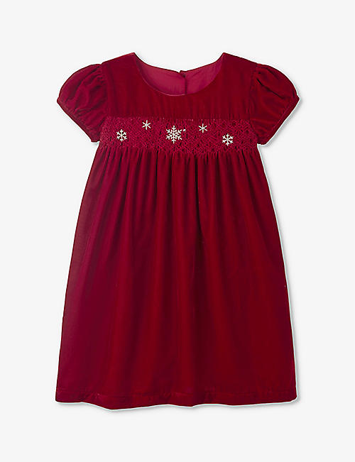 THE LITTLE WHITE COMPANY: Snowflake-embroidered smocked velvet dress 1-6 years