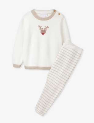 THE LITTLE WHITE COMPANY THE LITTLE WHITE COMPANY GIRLS MOUSE KIDS JINGLES REINDEER-INTARSIA ORGANIC-COTTON JUMPER AND LEGGIN