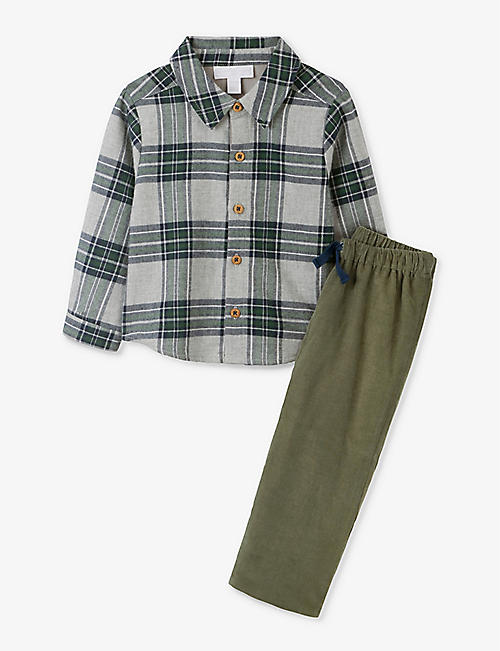 THE LITTLE WHITE COMPANY: Check shirt and cotton cord trouser set 0-18 months