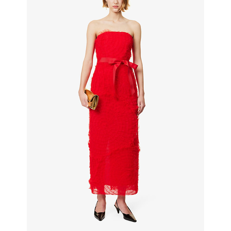 Shop Huishan Zhang Women's Scarlet Red Monica Bow-embellished Mesh Midi Dress