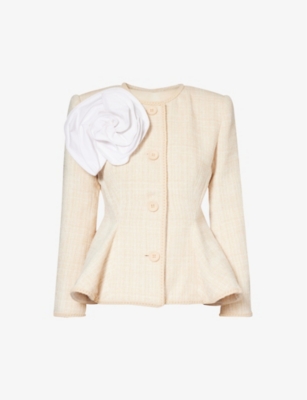 Shop Huishan Zhang Women's Off White Agar Floral-brooch Woven Jacket