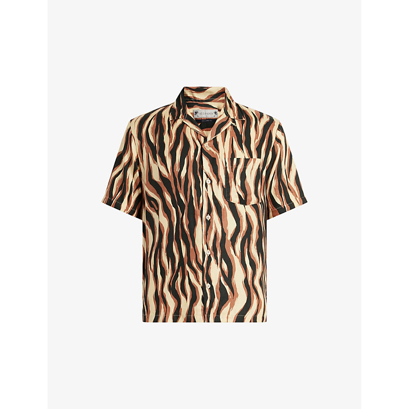 Shop Allsaints Fired Graphic-print Relaxed-fit Woven Shirt In Camel Brown