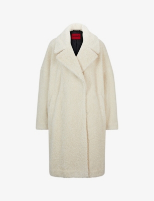 Hugo Single-breasted Oversized-fit Faux-fur Teddy Coat In Open White