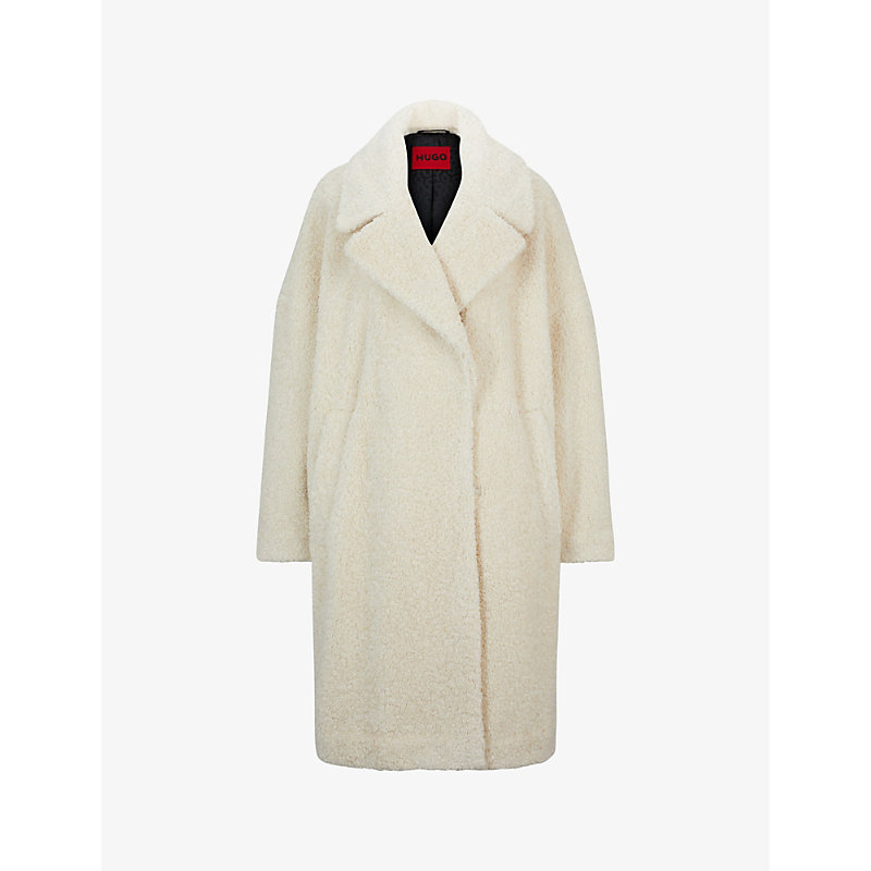 Hugo Single-breasted Oversized-fit Faux-fur Teddy Coat In Open White