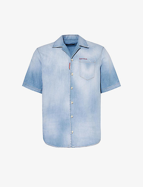 DSQUARED2: Logo text-embroidered stretch-denim shirt