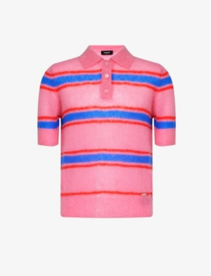 Dsquared2 Mens Pink Red Light Blue Striped Mohair Wool-blend Knitted Polo Shirt