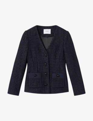 LK BENNETT LK BENNETT WOMEN'S BLU-VY/BLACK HANNA TWEED-PATTERN WOVEN JACKET