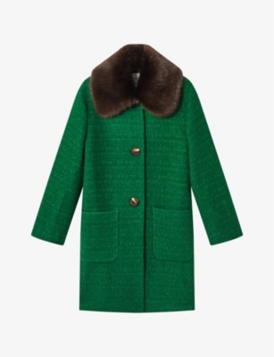 LK BENNETT LK BENNETT WOMENS GRE-GREEN ASTER FAUX FUR-COLLAR COTTON AND WOOL-BLEND COAT