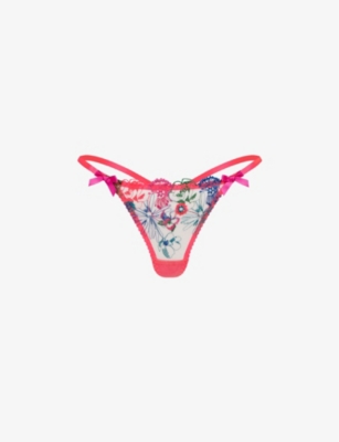 Agent Provocateur Zuri Satin-trimmed Embroidered Tulle Thong In Orange/teal/pink