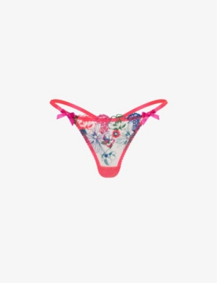 AGENT PROVOCATEUR AGENT PROVOCATEUR WOMENS ORANGE/TEAL/PINK ZURI FLORAL-EMBROIDERED SHEER TULLE THONG