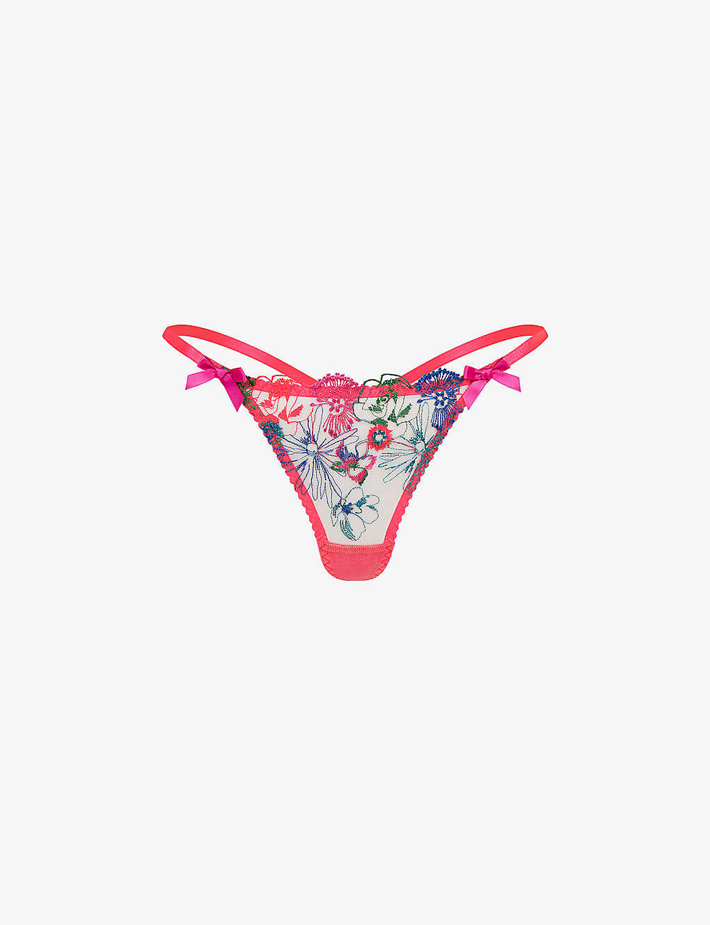 AGENT PROVOCATEUR AGENT PROVOCATEUR WOMENS ORANGE/TEAL/PINK ZURI FLORAL-EMBROIDERED SHEER TULLE THONG