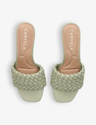 Shop Carvela Lattice Textured-strap Heeled Faux-leather Mules In Pale Green