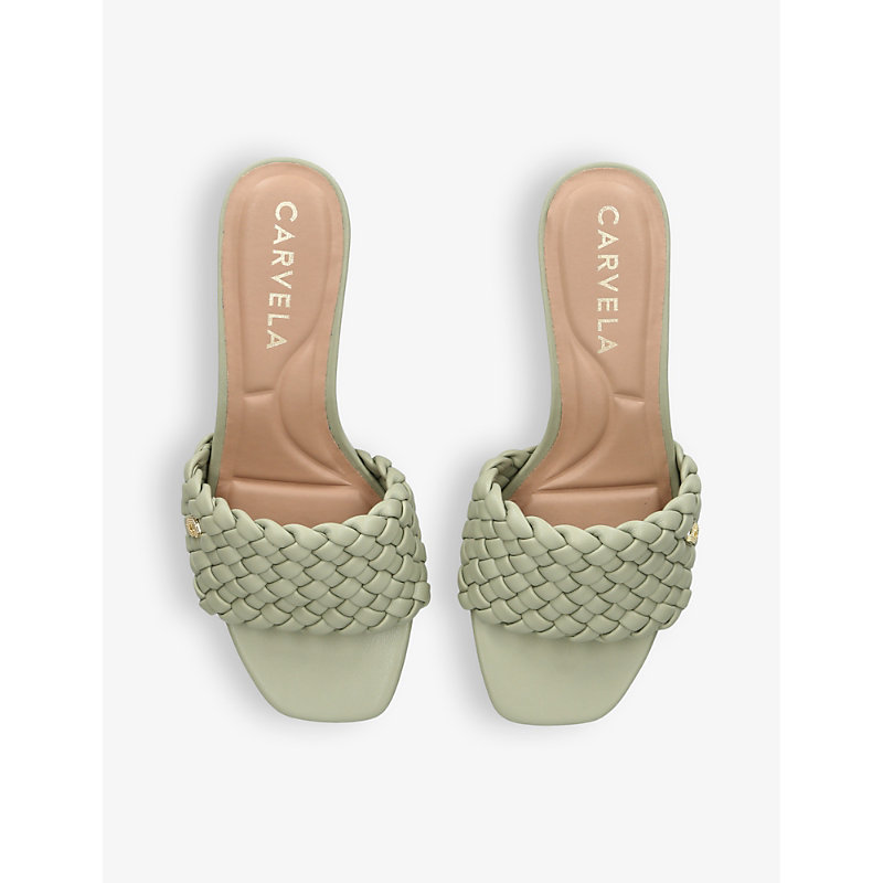Shop Carvela Lattice Textured-strap Heeled Faux-leather Mules In Pale Green