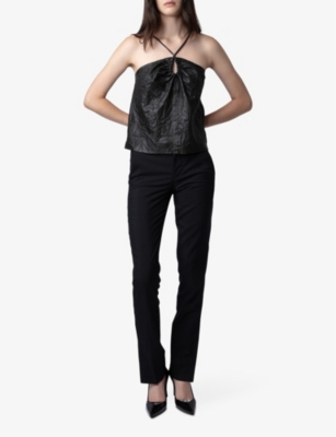 Shop Zadig & Voltaire Zadig&voltaire Womens Noir Cidonie Crinkled Leather Top