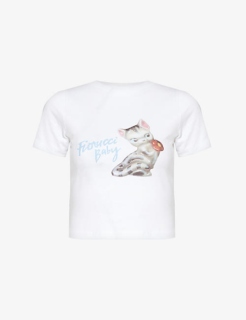 FIORUCCI: Kitten-print cropped organic-cotton T-shirt