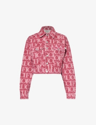 Shop Fiorucci Women's Burgundy Monogram-pattern Cropped Organic-denim Jacket