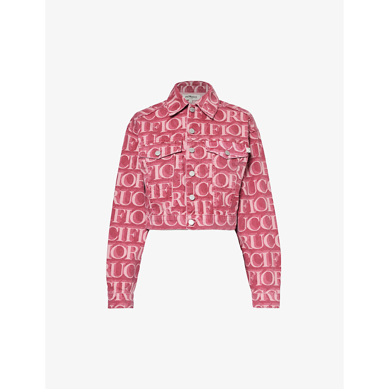Shop Fiorucci Monogram-pattern Cropped Organic-denim Jacket In Burgundy