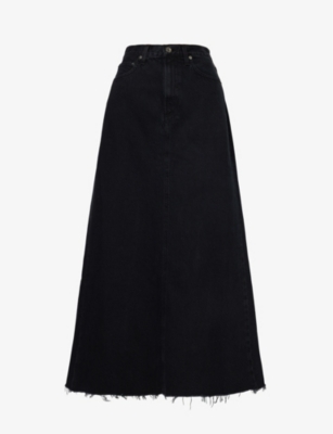 Agolde Hilla Raw-hem Mid-rise Organic Denim Maxi Skirt In Black