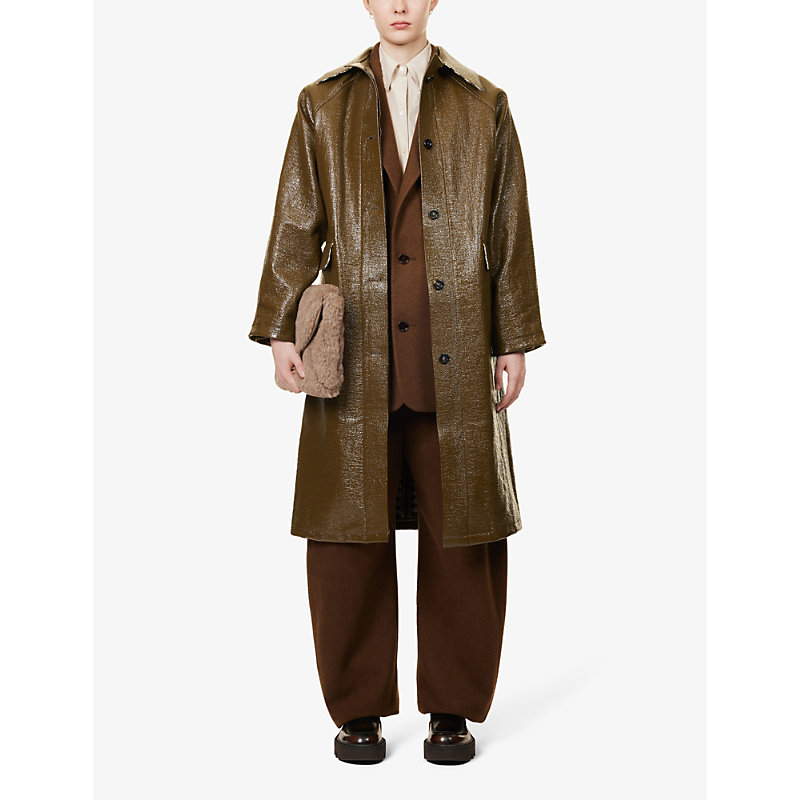 Shop Kassl Editions Women's Brown Check Spread-collar Linen-blend Lacquered Coat