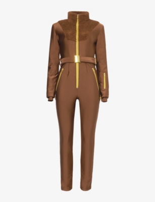 My Sunday Ski Womens Chocolate Sherpa Slim-fit Stretch-woven Jumpsuit In Brown
