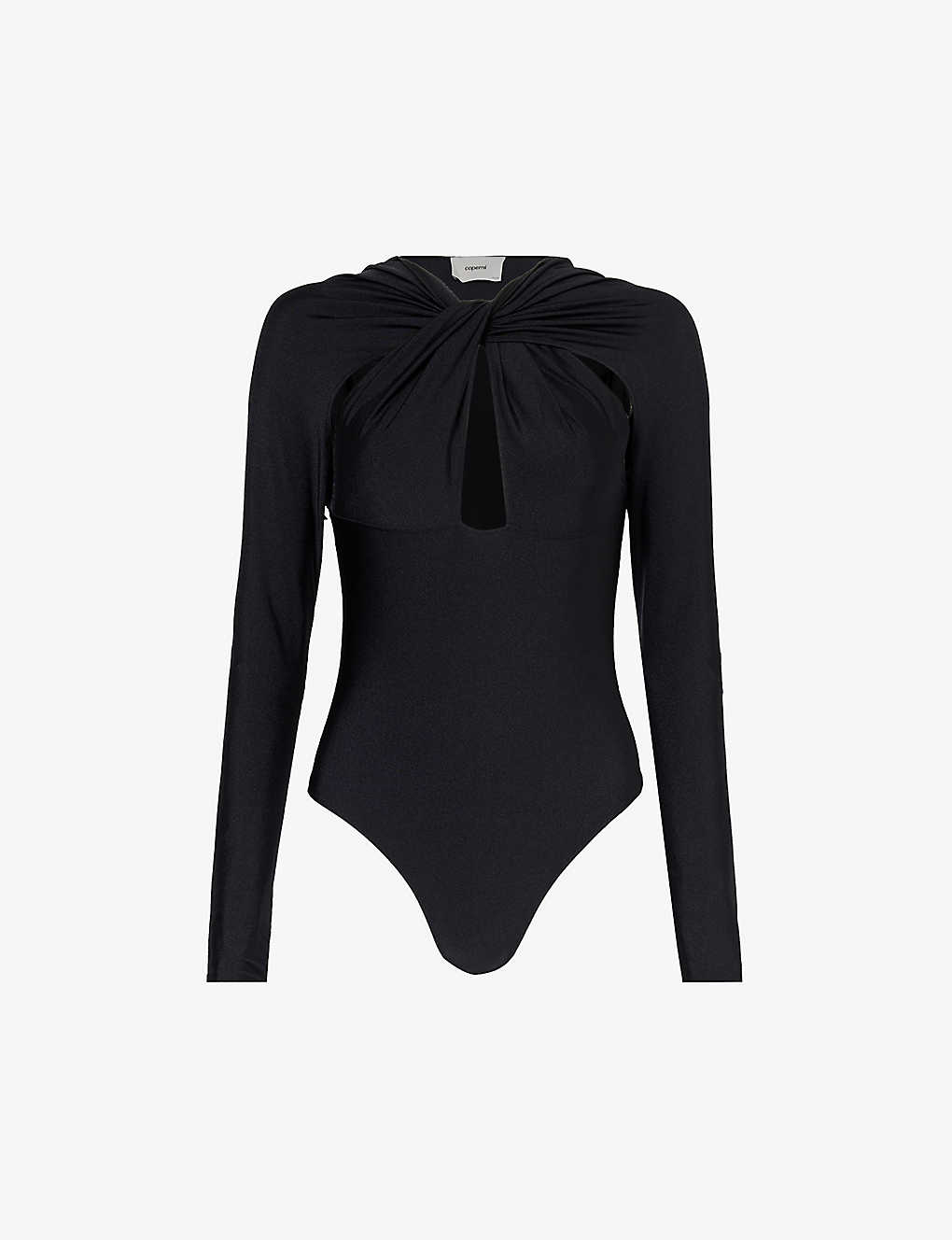 Coperni Womens Black Twist-pattern Cut-out Stretch-woven Bodysuit