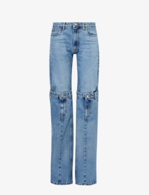 Shop Coperni Women's Washed Blue Straight-leg Mid-rise Open-knee Jeans