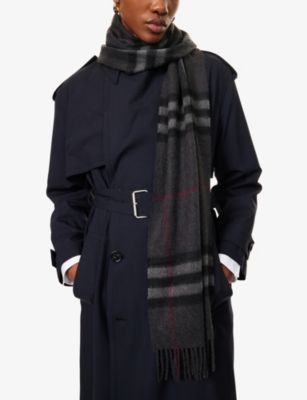 Burberry Womens Charcoal Giant Check Tassel-trim Cashmere Scarf In Charcoal