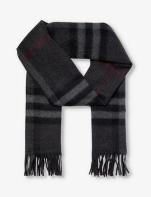 Burberry Womens Charcoal Giant Check Tassel-trim Cashmere Scarf