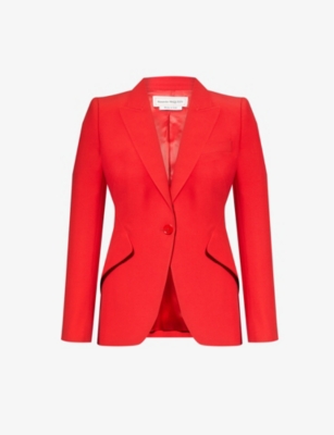 Shop Alexander Mcqueen Women's Lust Red Padded-shoulder Single-breasted Crepe Jacket