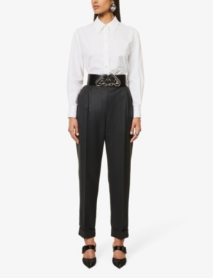 Shop Alexander Mcqueen Women's Opticalwhite Side-slit Cotton-poplin Shirt