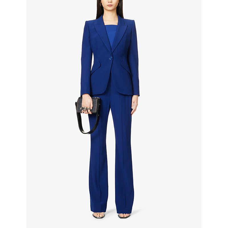 Shop Alexander Mcqueen Padded-shoulder Single-breasted Woven Blazer In Electric Navy