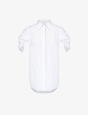 Alexander Mcqueen Womens Opticalwhite Gathered-sleeve Cotton-poplin Shirt In White
