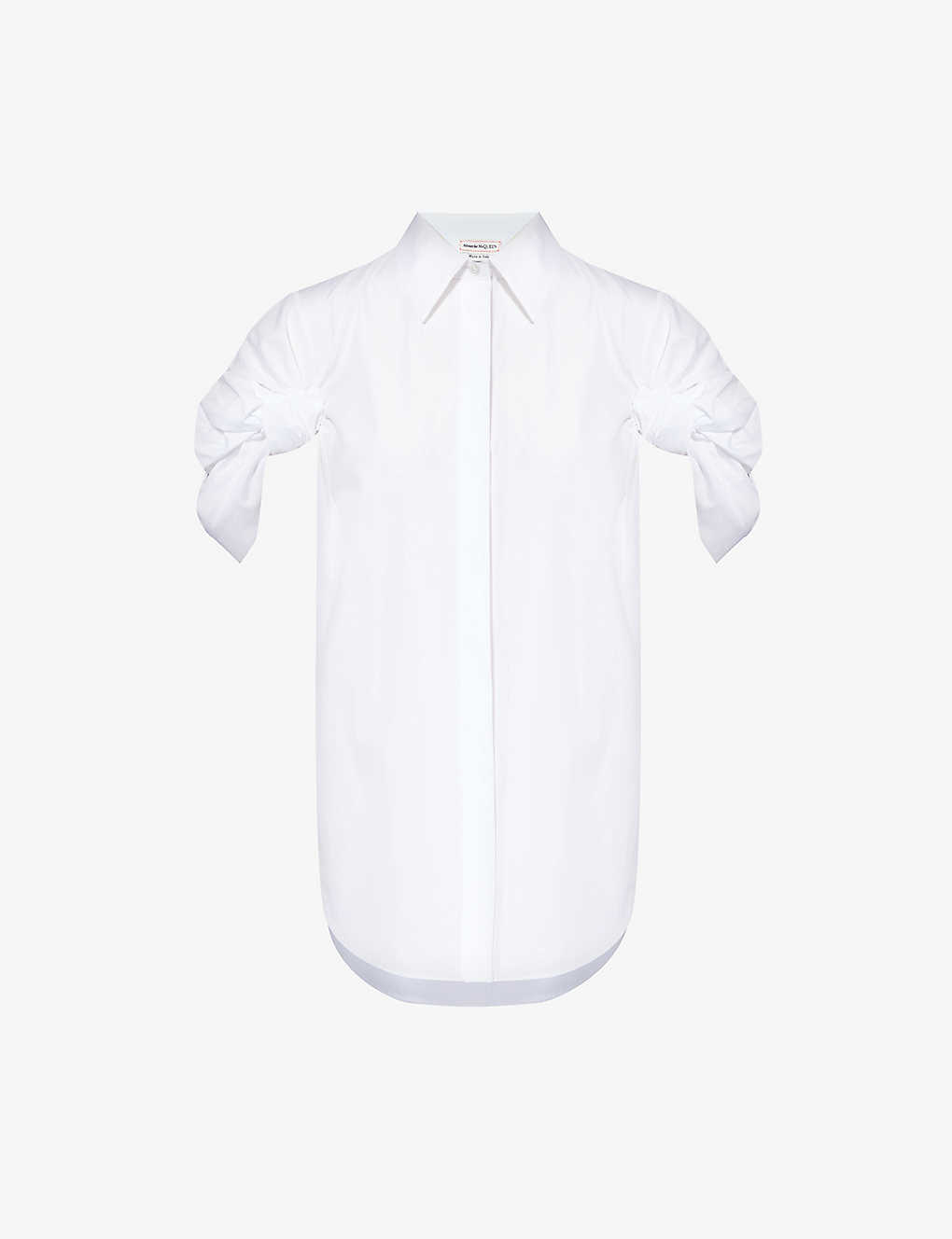 Alexander Mcqueen Womens Opticalwhite Gathered-sleeve Cotton-poplin Shirt In White
