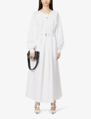 Shop Alexander Mcqueen Women's Opticalwhite Twisted-neckline Belted Cotton-poplin Midi Dress