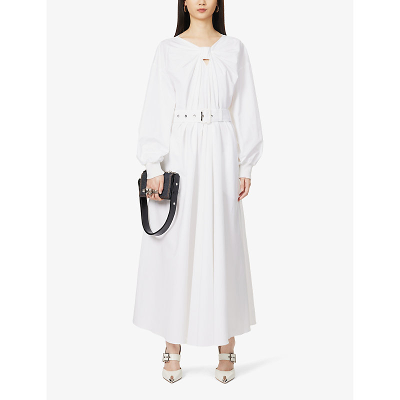Shop Alexander Mcqueen Women's Opticalwhite Twisted-neckline Belted Cotton-poplin Midi Dress