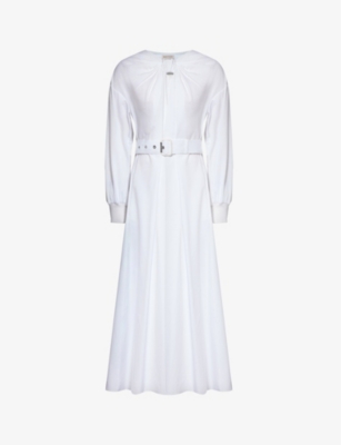 ALEXANDER MCQUEEN: Twisted-neckline belted cotton-poplin midi dress