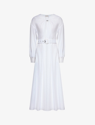 Alexander Mcqueen Cocoon Belted Cotton Midi Dress In Opticalwhite