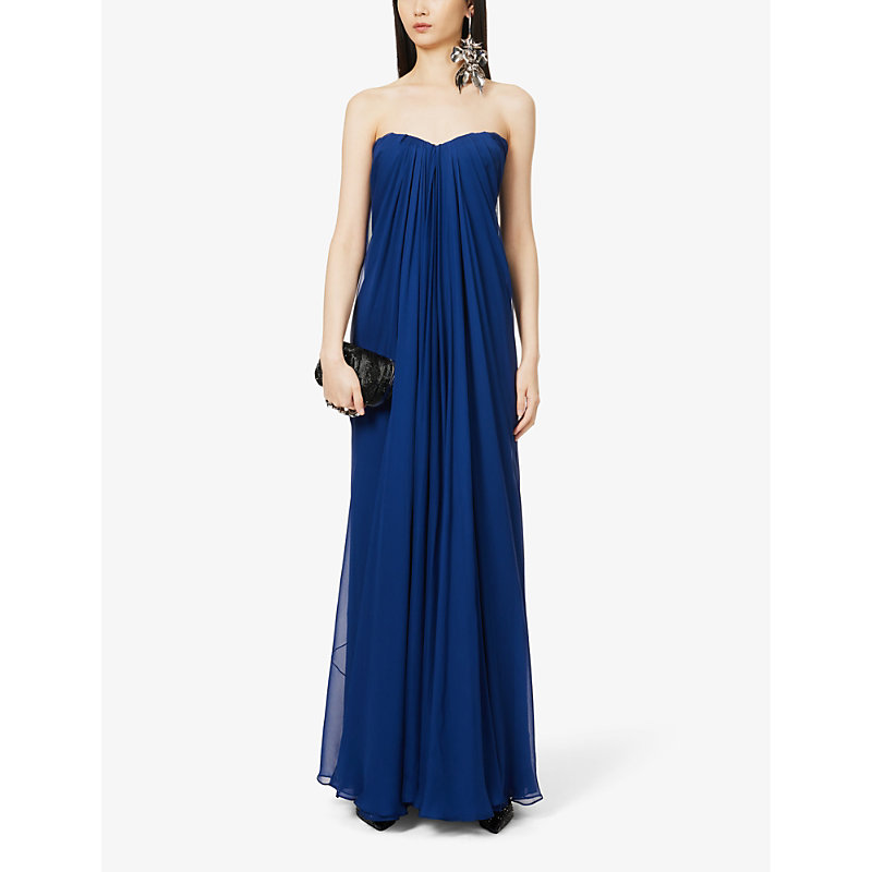 Shop Alexander Mcqueen Women's Electric Navy Draped Sweetheart-neck Silk Maxi Dress In Blue